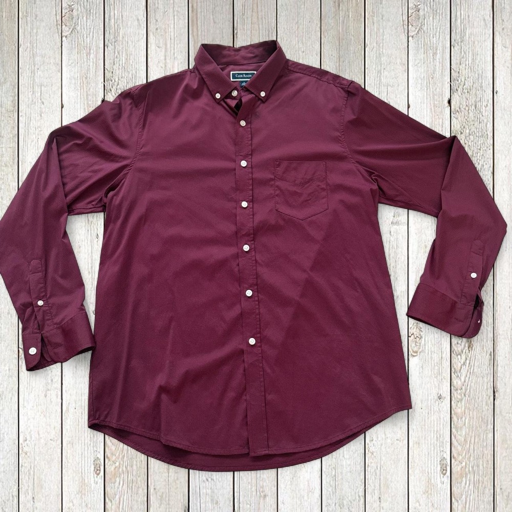 Club Room Mens Button Down Shirt Burgundy Micro Check Stretch Performance Size L